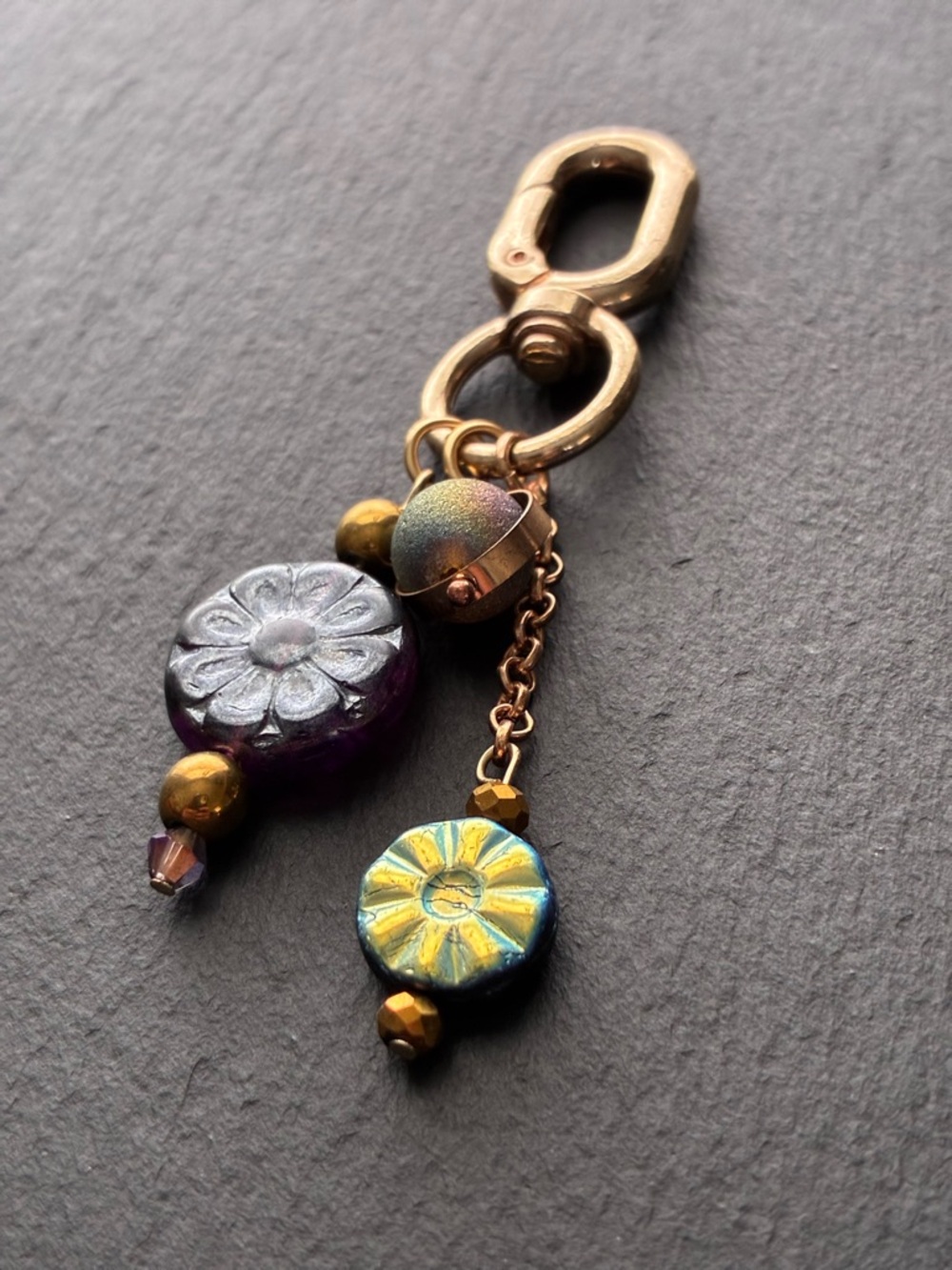 Handcrafted Iridescent Floral Charm Keychain - Gold Hardware - Picture 3 of 5